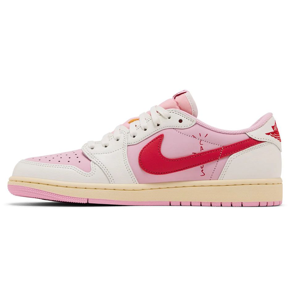 Travis Scott x Air Jordan 1 Retro Low OG Sail Tropical Pink sneakers with reverse Swoosh and vibrant pink accents