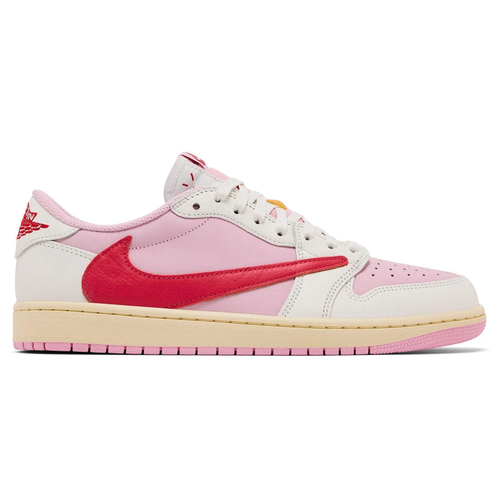 Travis Scott x Air Jordan 1 Retro Low OG Sail Tropical Pink sneakers with reverse Swoosh and premium leather design