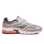 Saucony ProGrid Omni 9 running shoe in silver and orange color scheme
