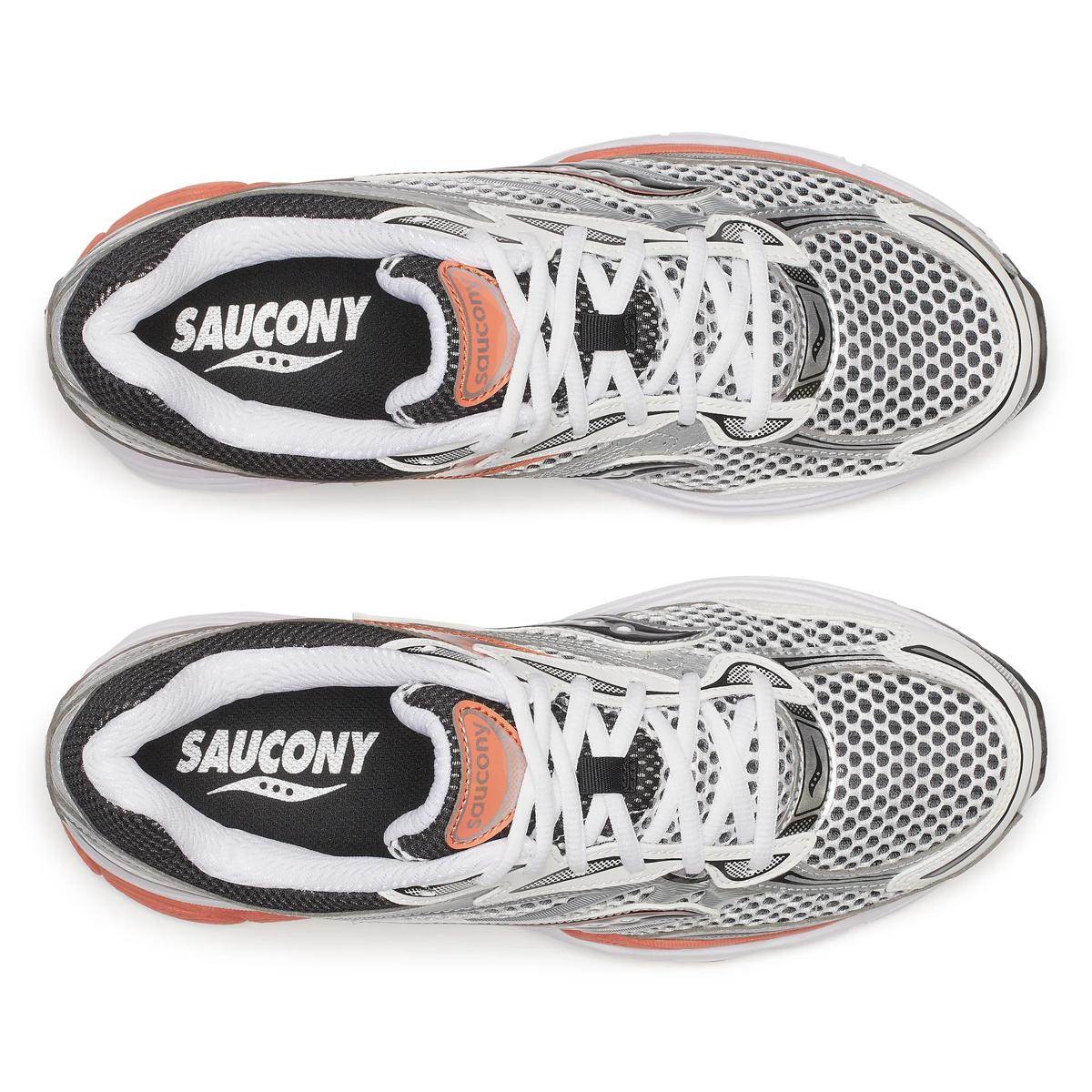 Saucony ProGrid Omni 9 running shoes in silver and orange color scheme