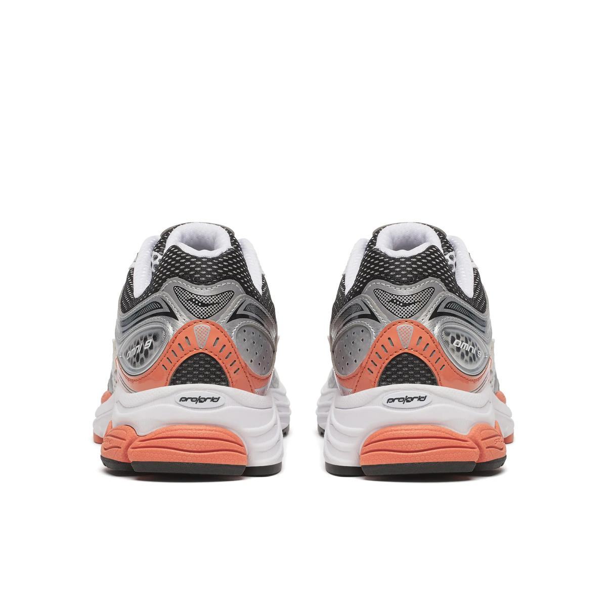 Saucony ProGrid Omni 9 running shoe in silver and orange colors