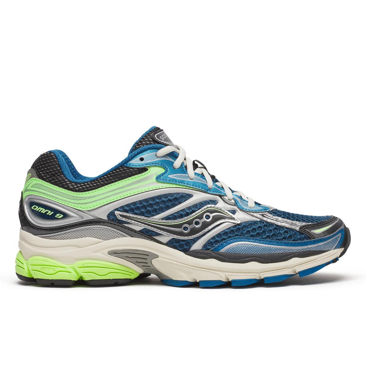Saucony ProGrid Omni 9 running shoes in grey and slime green colors