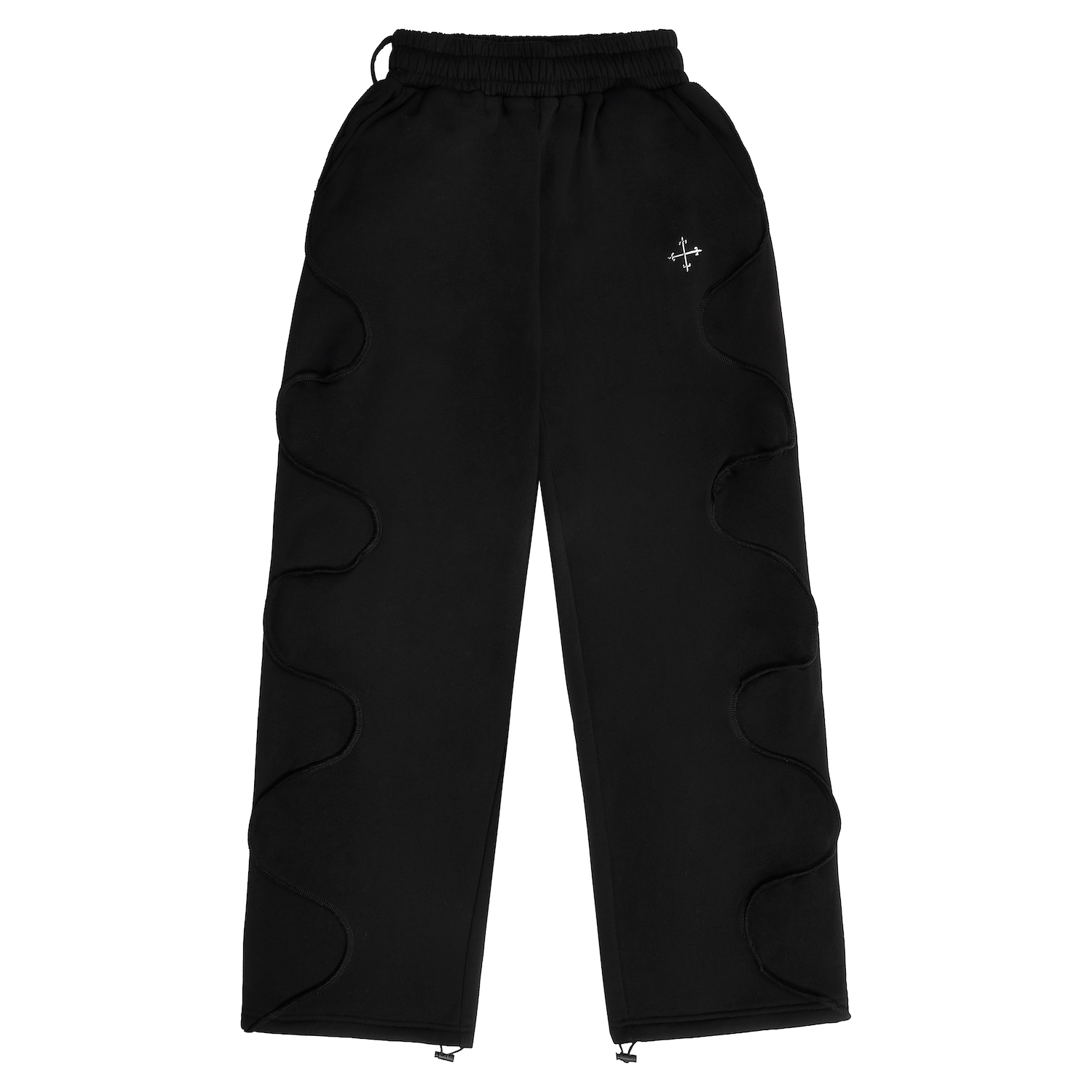 Black Saint Mind Wavy baggy sweatpants with metallic logo, side pockets, ribbed waistband, and adjustable ankle toggles