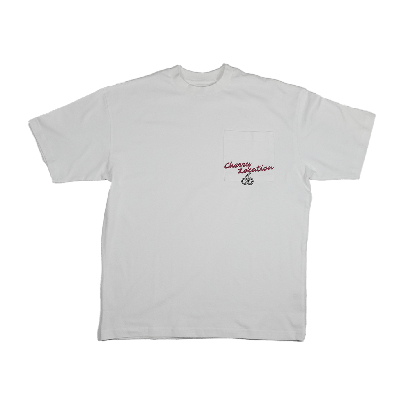 Cherry Location white t-shirt with chest pocket and red embroidered logo