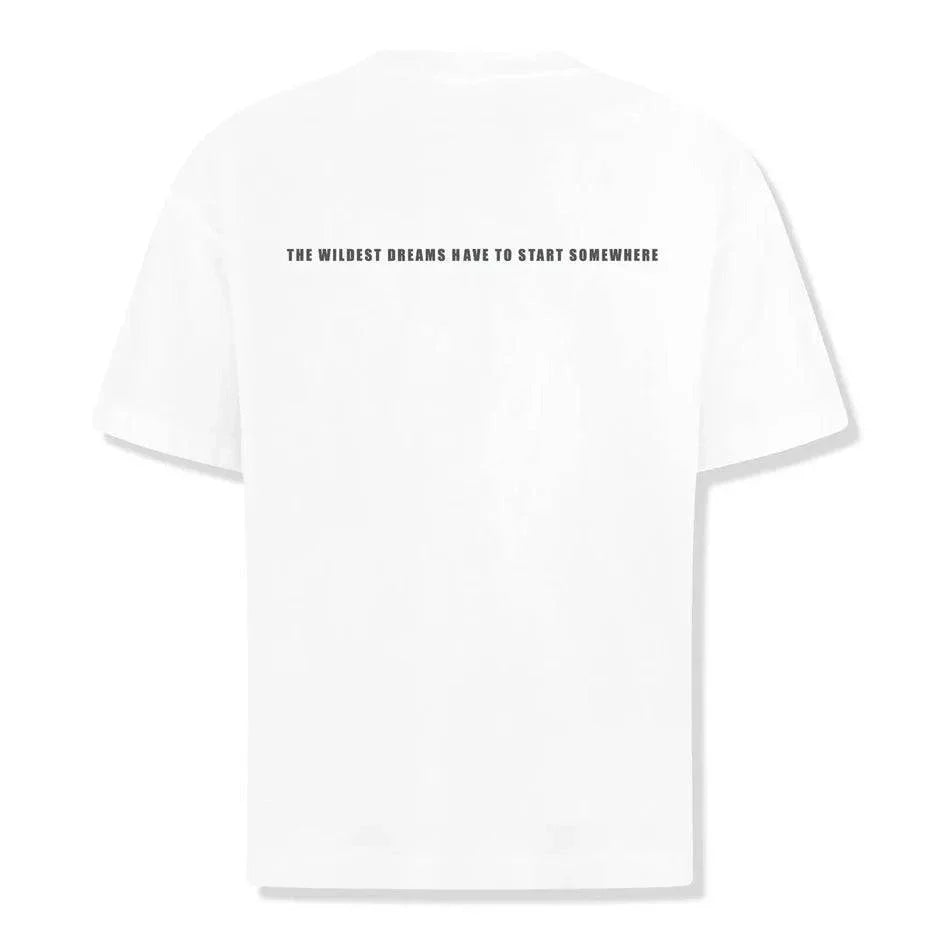 White Wildest Dreams bold logo t-shirt with inspirational text on the back