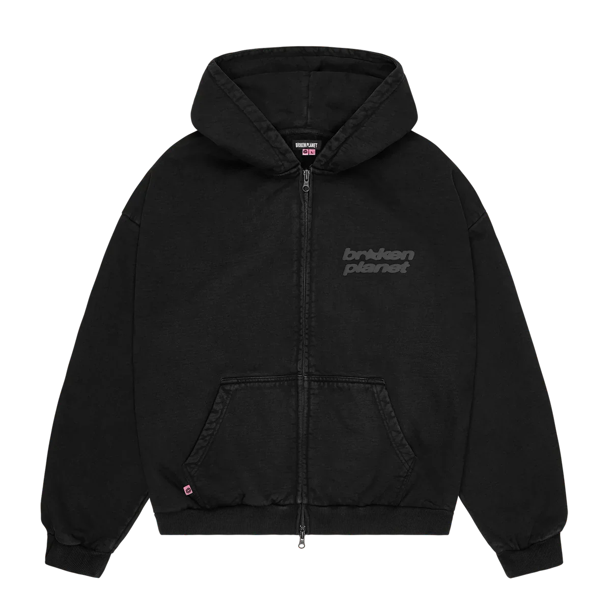 Broken Planet black zip-up hoodie with star logo and front pockets
