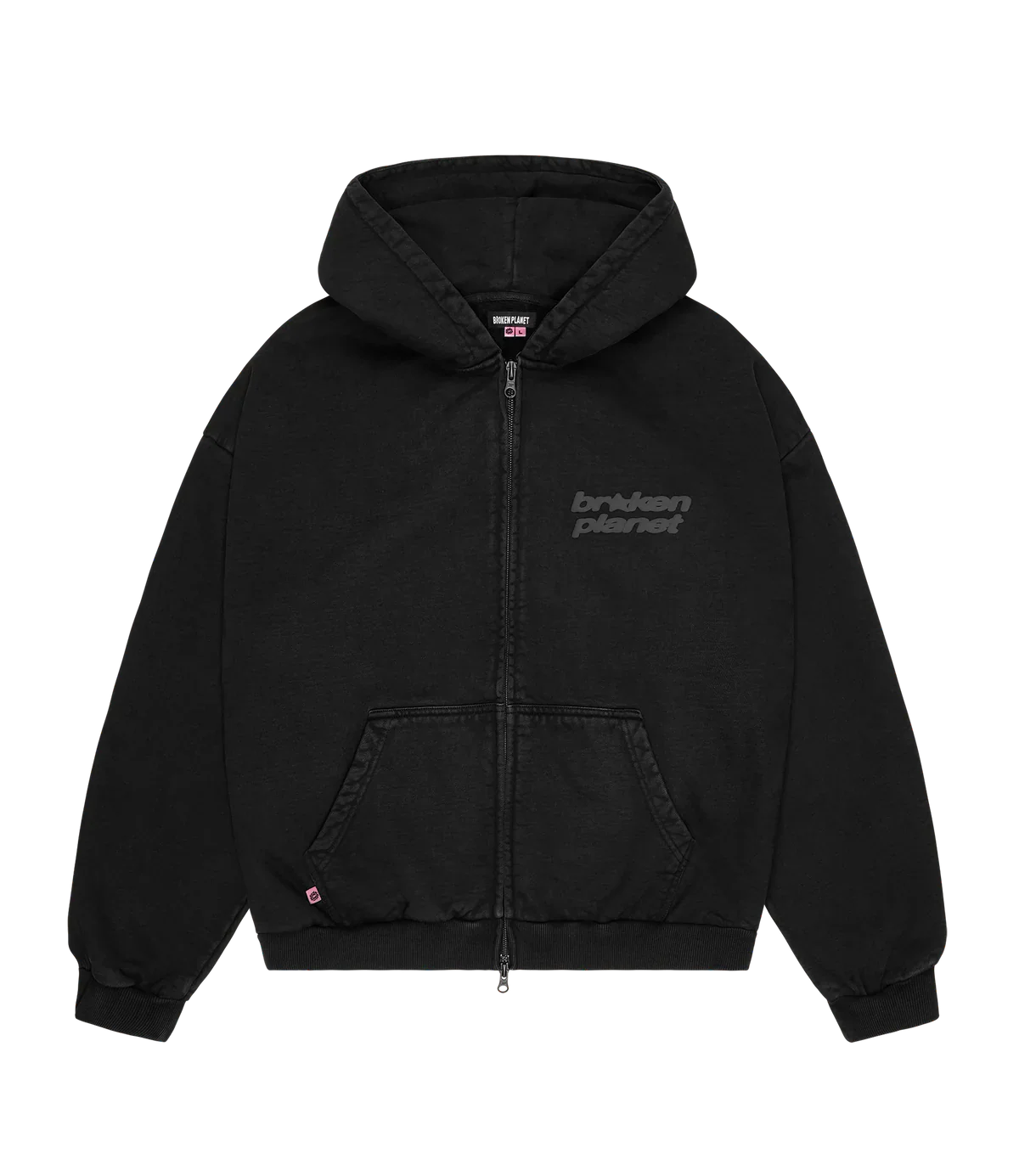 Broken Planet black zip-up hoodie with star logo and front pockets