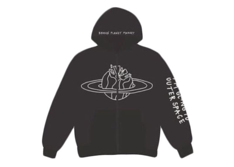 Broken Planet black zip-up hoodie with outer space graphic design.