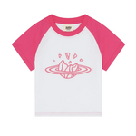 Baby pink raglan T-shirt with broken planet graphic design.