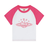 Baby pink raglan T-shirt with broken planet graphic design.