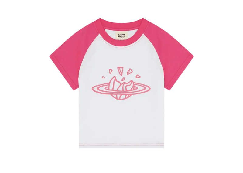 Baby pink raglan T-shirt with broken planet graphic design.
