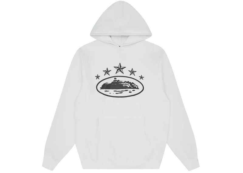 Corteiz 5 Starz Alcatraz Hoodie in white with star graphics.