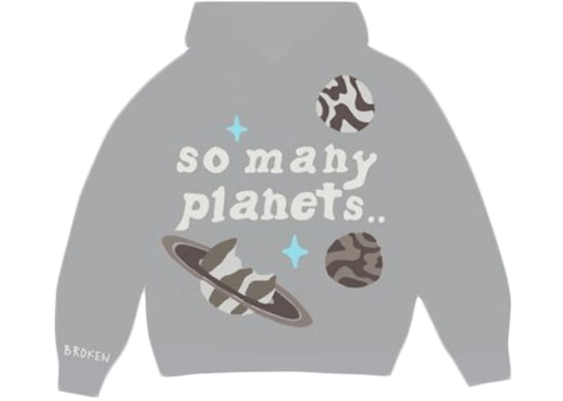 Broken Planet So Many Planets Hoodie with grey graphic design.