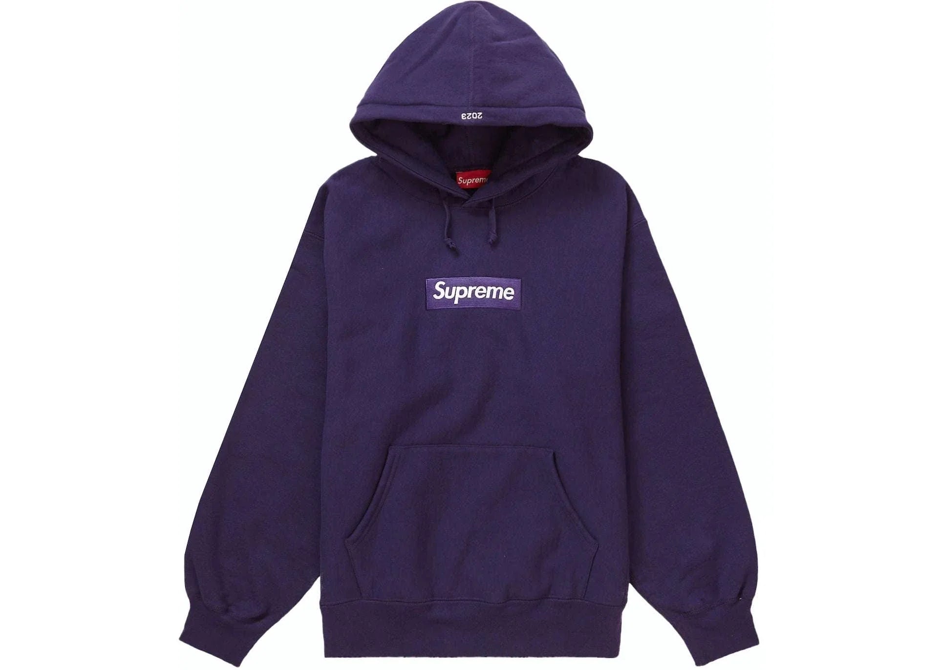 Supreme Box Logo Hooded Sweatshirt FW23 in dark purple.