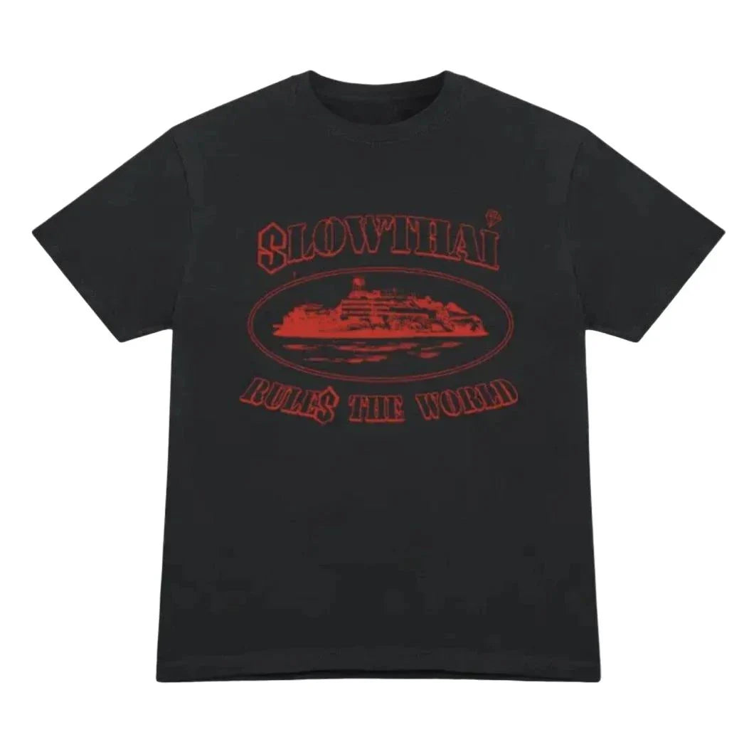 Black CORTEIZ SLOW THAI T-shirt with red graphic design.