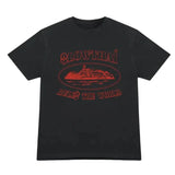 Black CORTEIZ SLOW THAI T-shirt with red graphic design.