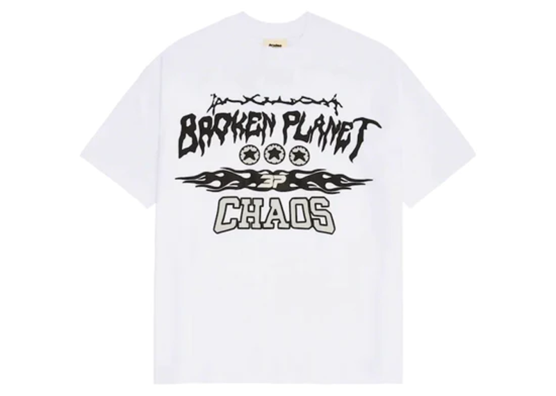 Broken Planet Chaos T-Shirt featuring bold graphic design on white cotton.