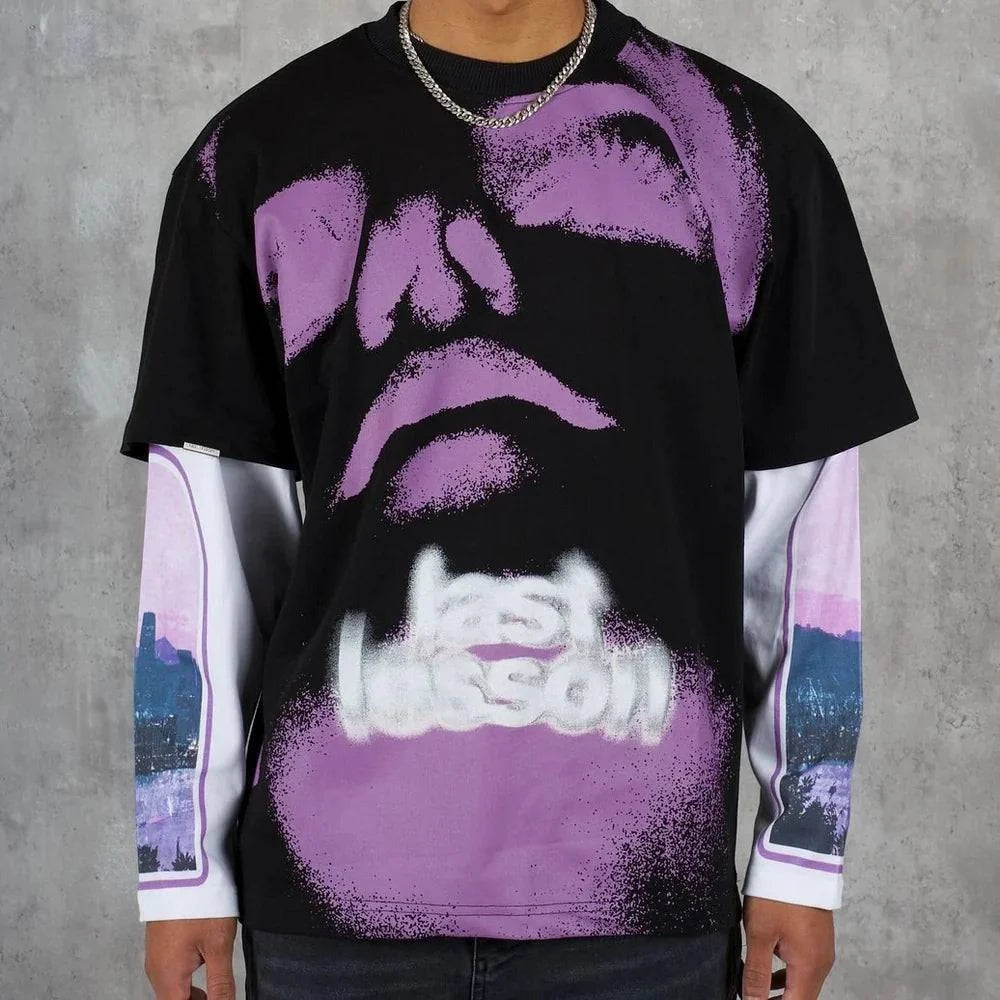 LAST LESSON long sleeve T-shirt with abstract purple face design.