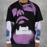 LAST LESSON long sleeve T-shirt with abstract purple face design.