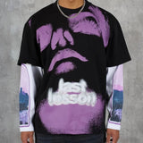 LAST LESSON long sleeve T-shirt with abstract purple face design.
