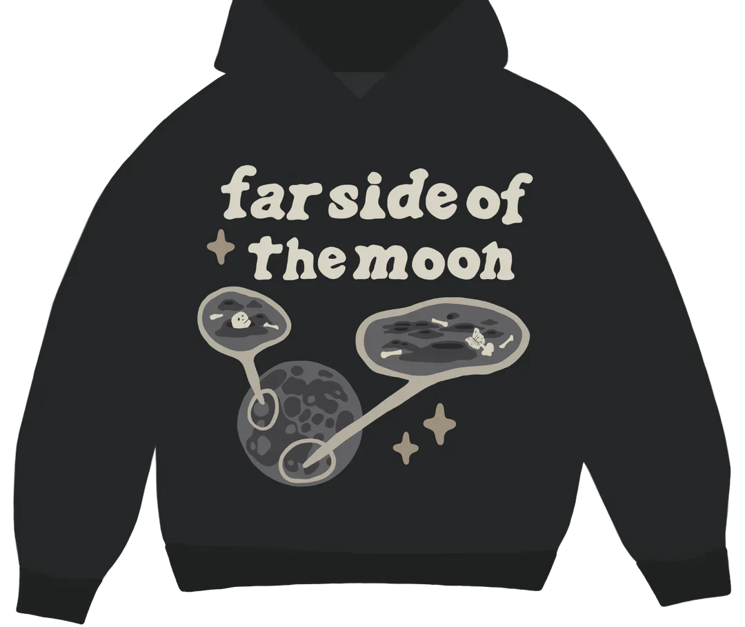 Black "Farside of The Moon" hoodie by Broken Planet with celestial graphic and cosmic text.