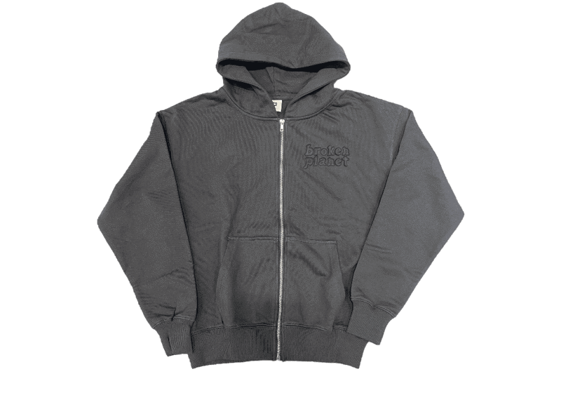 Broken Planet Basics Soot Black Zip-Up Hoodie in dark gray.