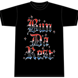 Corteiz Bun Da Rest Royale T-shirt with red and blue gothic text design.