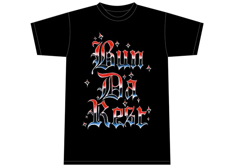 Corteiz Bun Da Rest Royale T-shirt with red and blue gothic text design.
