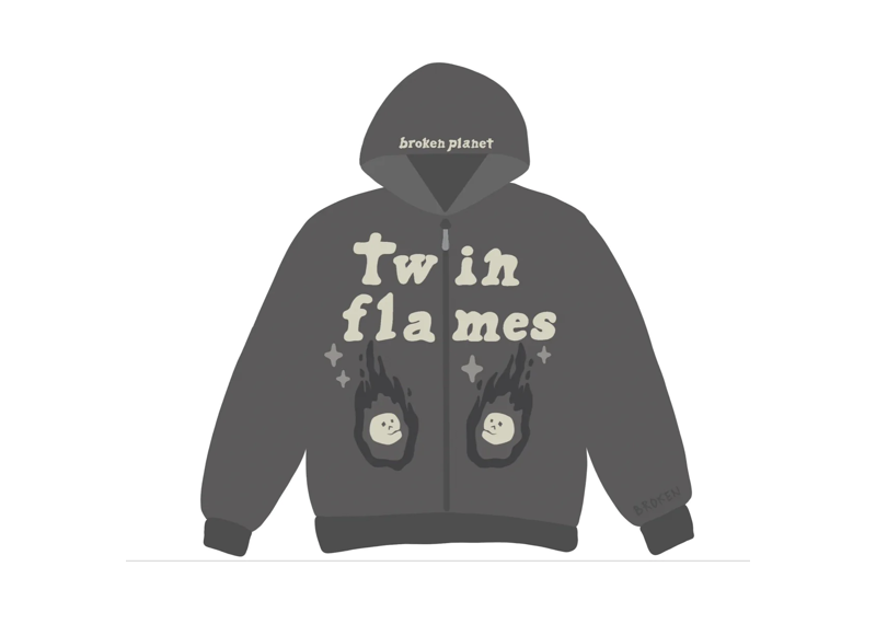 Broken Planet Twin Flames Zip-Up Hoodie with graphic flame design.