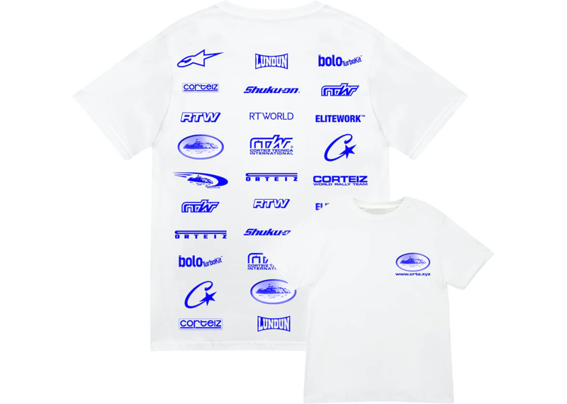 Corteiz Rally Vinylz Tee White with blue logo prints, front and back view.
