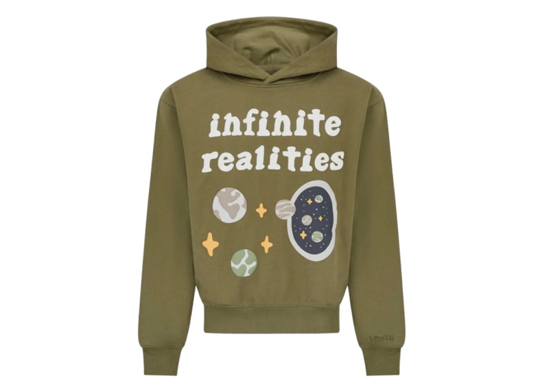 Broken Planet Infinite Realities Hoodie in olive green featuring space-themed design.