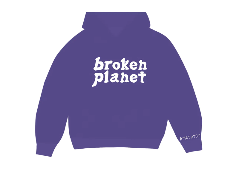 Purple hoodie with "broken planet" text design, branded as Broken Planet.