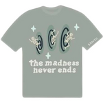 Broken Planet Madness Never Ends T-Shirt with illustrative design.