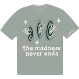 Broken Planet Madness Never Ends T-Shirt with illustrative design.