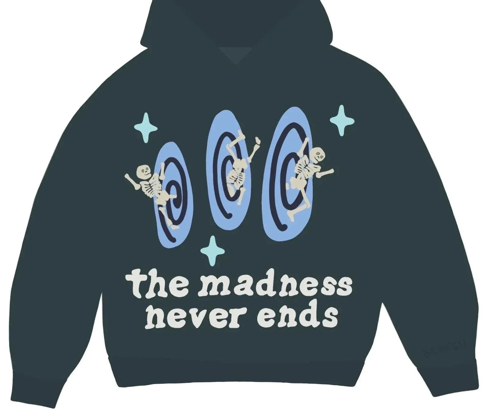Broken Planet Madness Never Ends Hoodie with skeleton and spiral design.