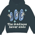 Broken Planet Madness Never Ends Hoodie with skeleton and spiral design.