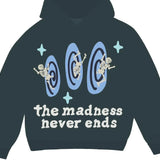 Broken Planet Madness Never Ends Hoodie with skeleton and spiral design.