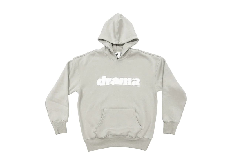 DRAMA CALL HOODIE in grey with front pocket and hood.