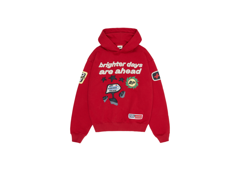 Red "Broken Planet Brighter Days Are Ahead" hoodie with graphic design.