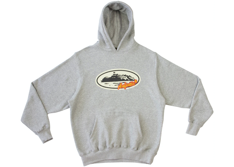 Gray Corteiz Aufentic Hoodie with logo design.
