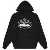 Black Corteiz 5 Starz Alcatraz Hoodie featuring a white graphic design.