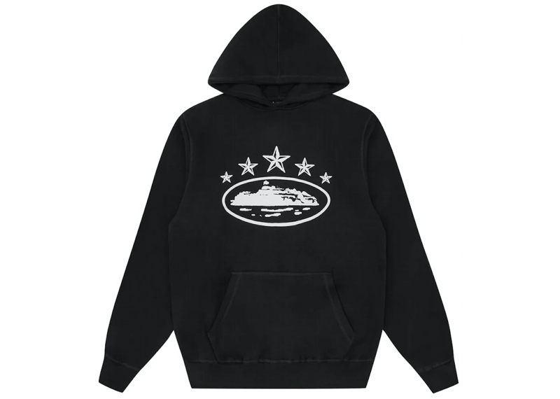 Black Corteiz 5 Starz Alcatraz Hoodie featuring a white graphic design.