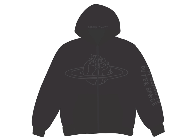 Broken Planet "I'm Going To Outer Space" Onyx Hoodie displaying space-themed design.