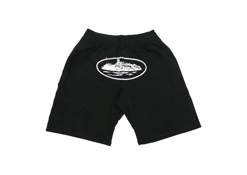 CORTEIZ OG Alcatraz shorts in black with white design.