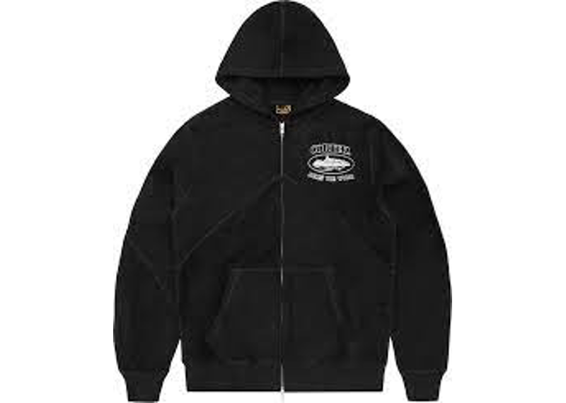 Corteiz Superior V2 black zip-up hoodie with logo design.
