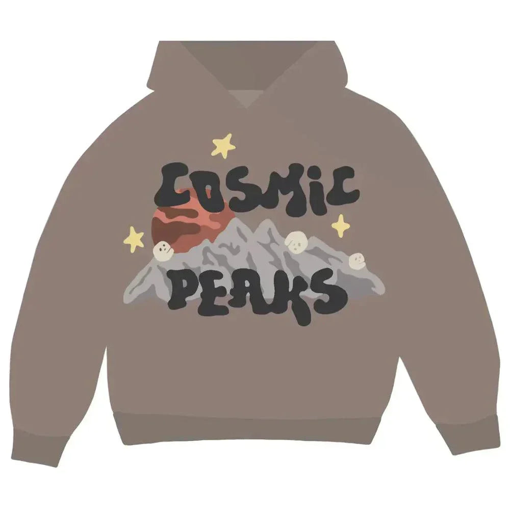 Broken Planet Cosmic Peaks Hoodie in brown with cosmic peaks graphic and stars design on front