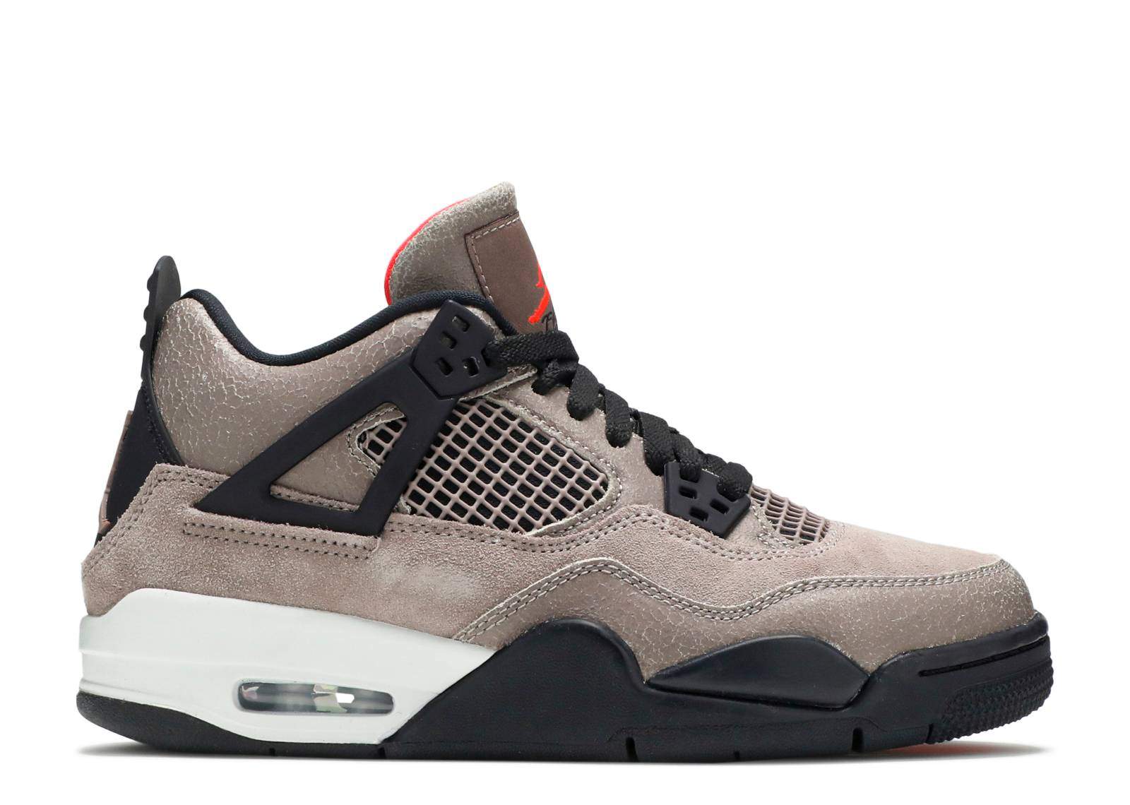 Air Jordan 4 Retro GS Taupe Haze sneaker, side view.