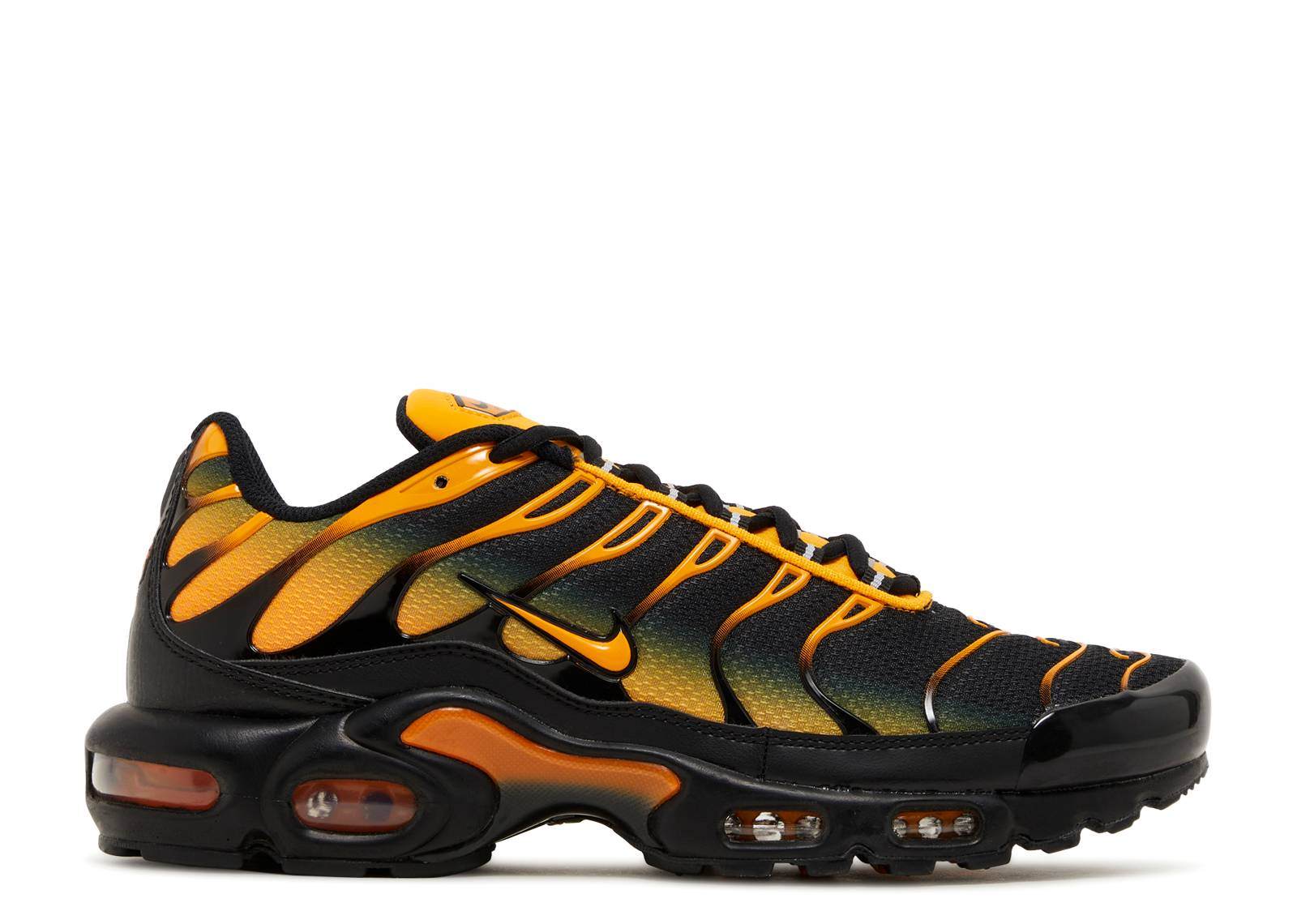 Air Max Plus Black Sundial sneaker with orange and black gradient design.