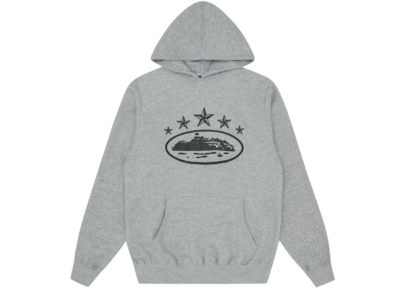 Gray Corteiz 5 Starz Alcatraz Hoodie with star design.