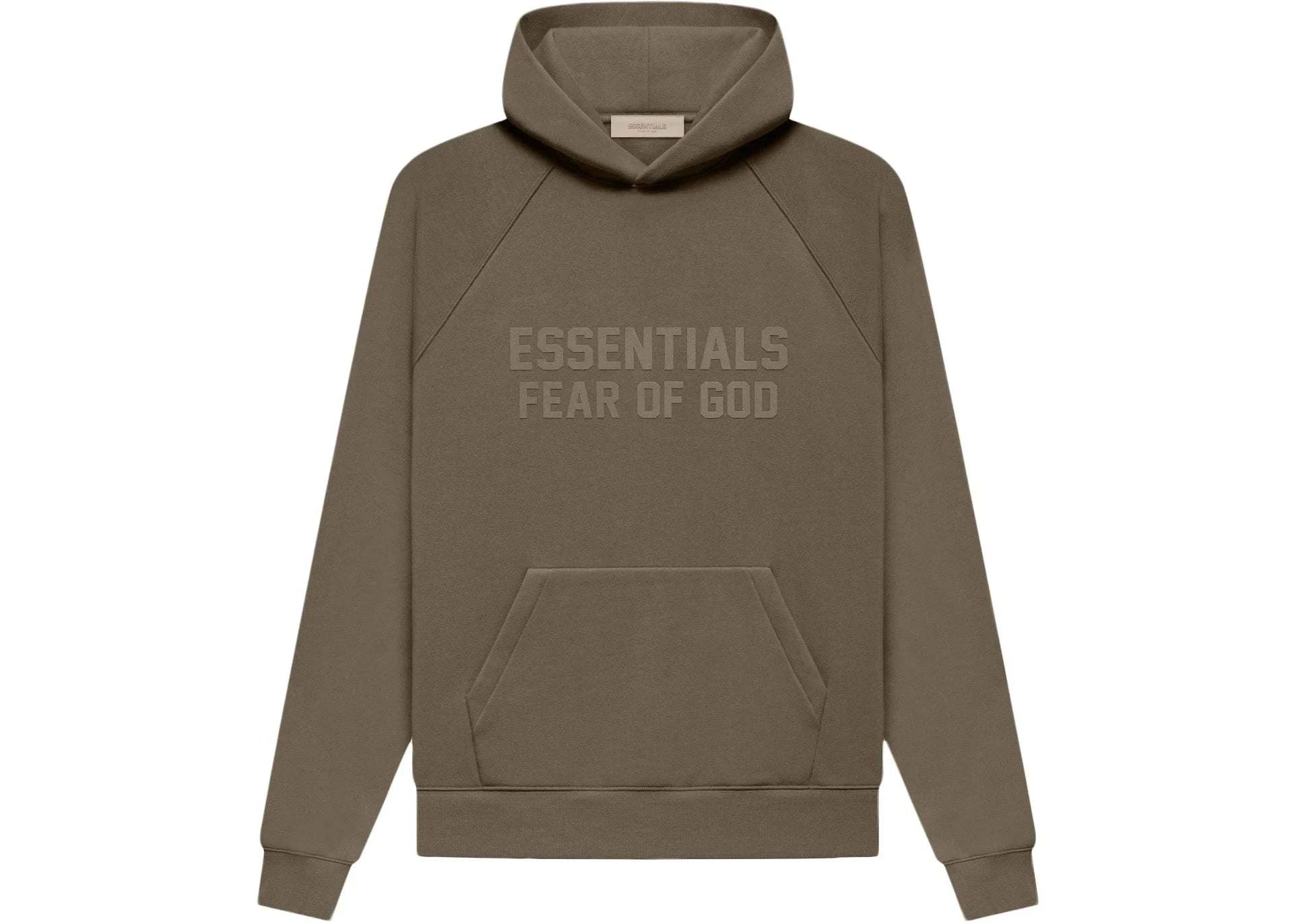 Fear of God Essentials Wood Hoodie in brown with front pouch pocket.